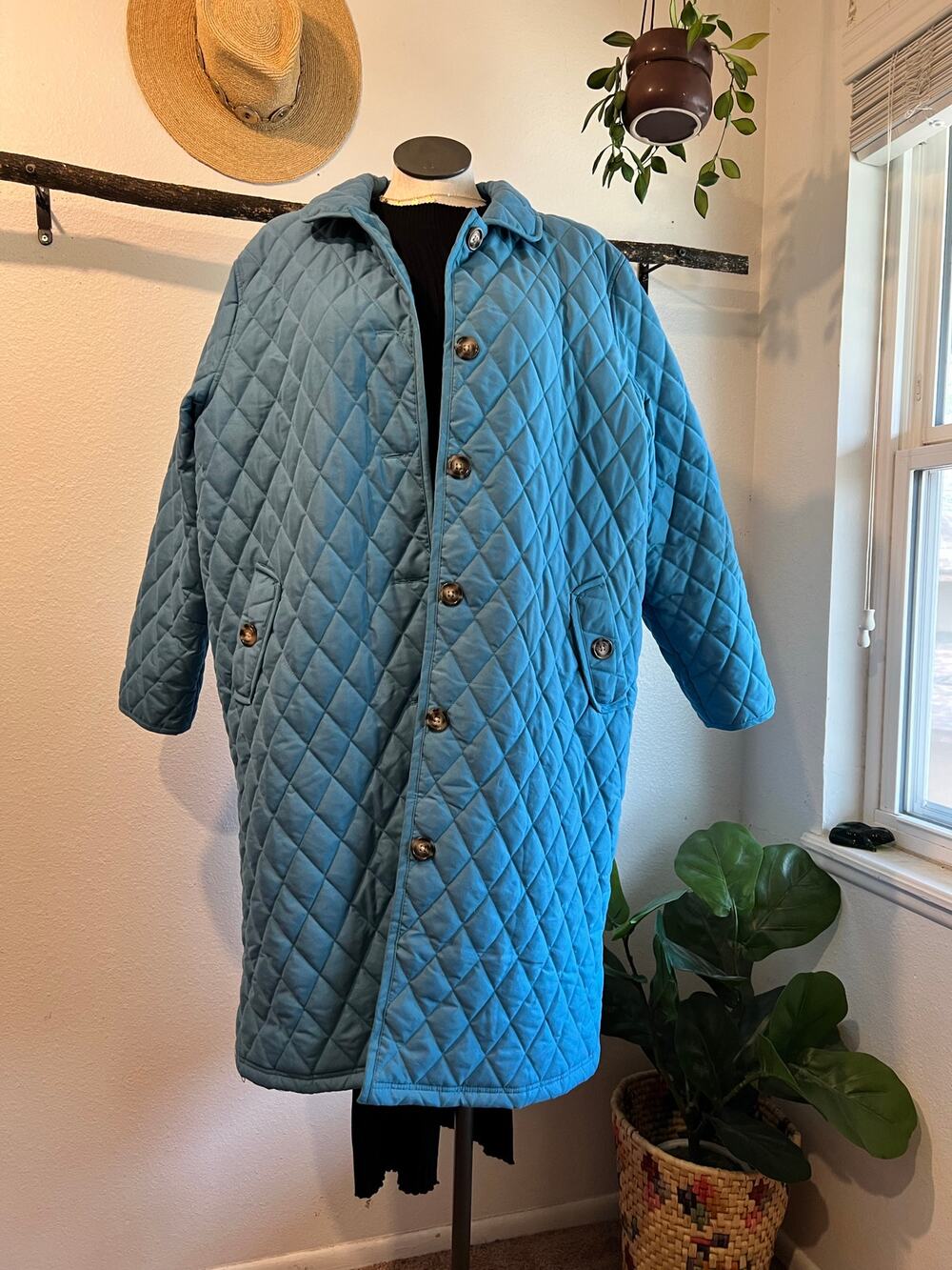 Blue Quilted Long Button Front Pockets Spring To Winter Coat Jacket Size 2XL